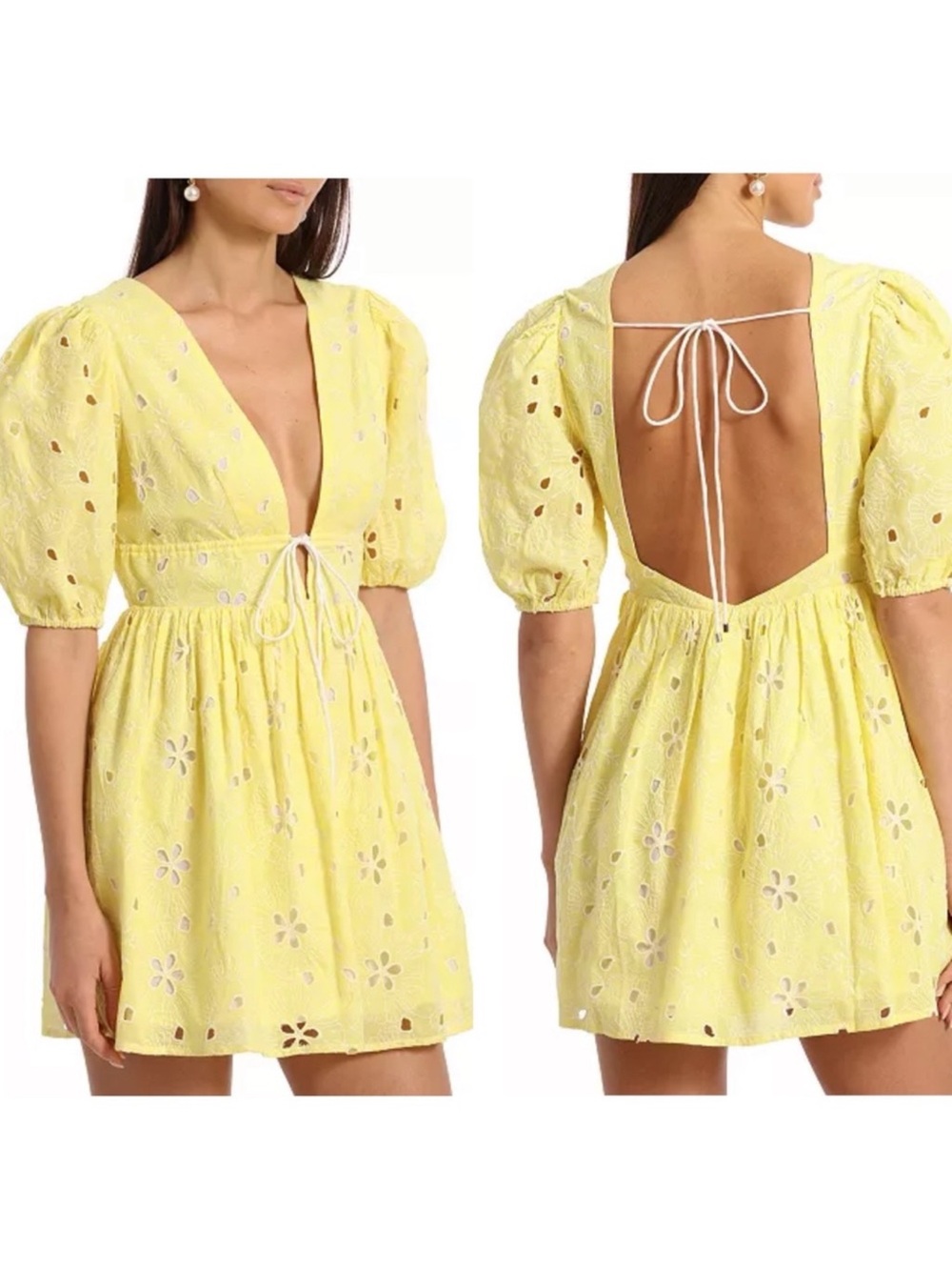 AVEC LES FILLES Yellow Eyelet Embroidered Open Back Puff Sleeve Size 2 Babydoll - Picture 3 of 16